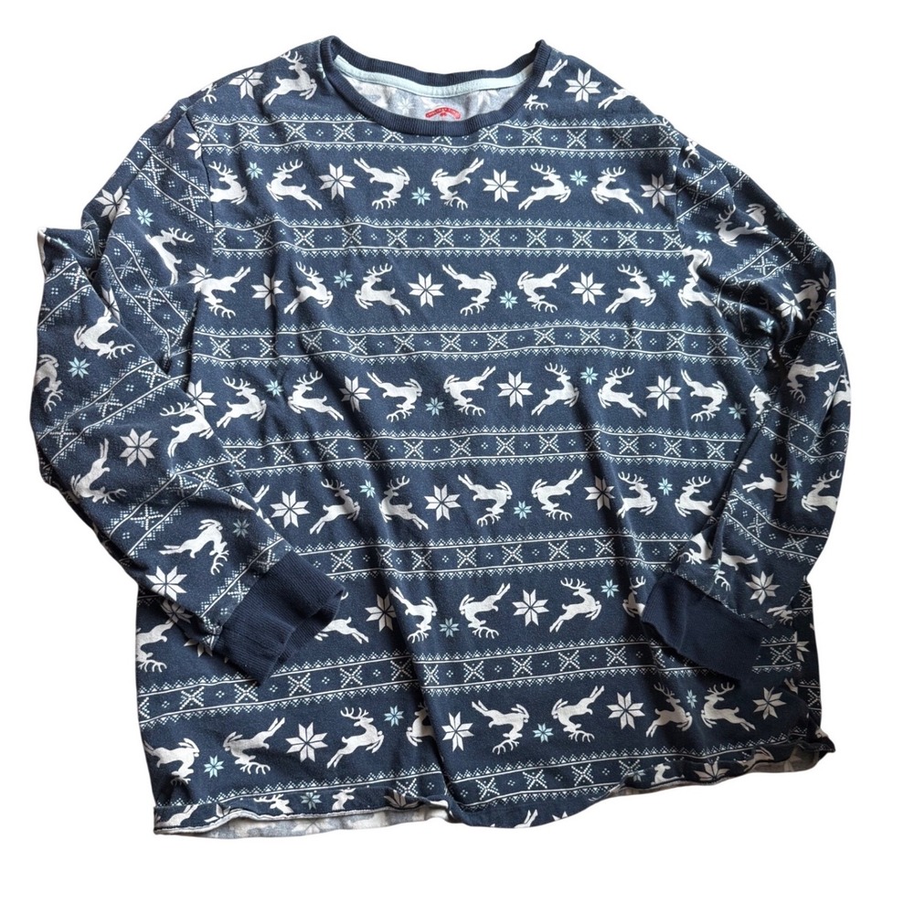 Holiday Time Womens 2X Navy‎ Blue Reindeer Fair Isle Long Sleeve Christmas Shirt